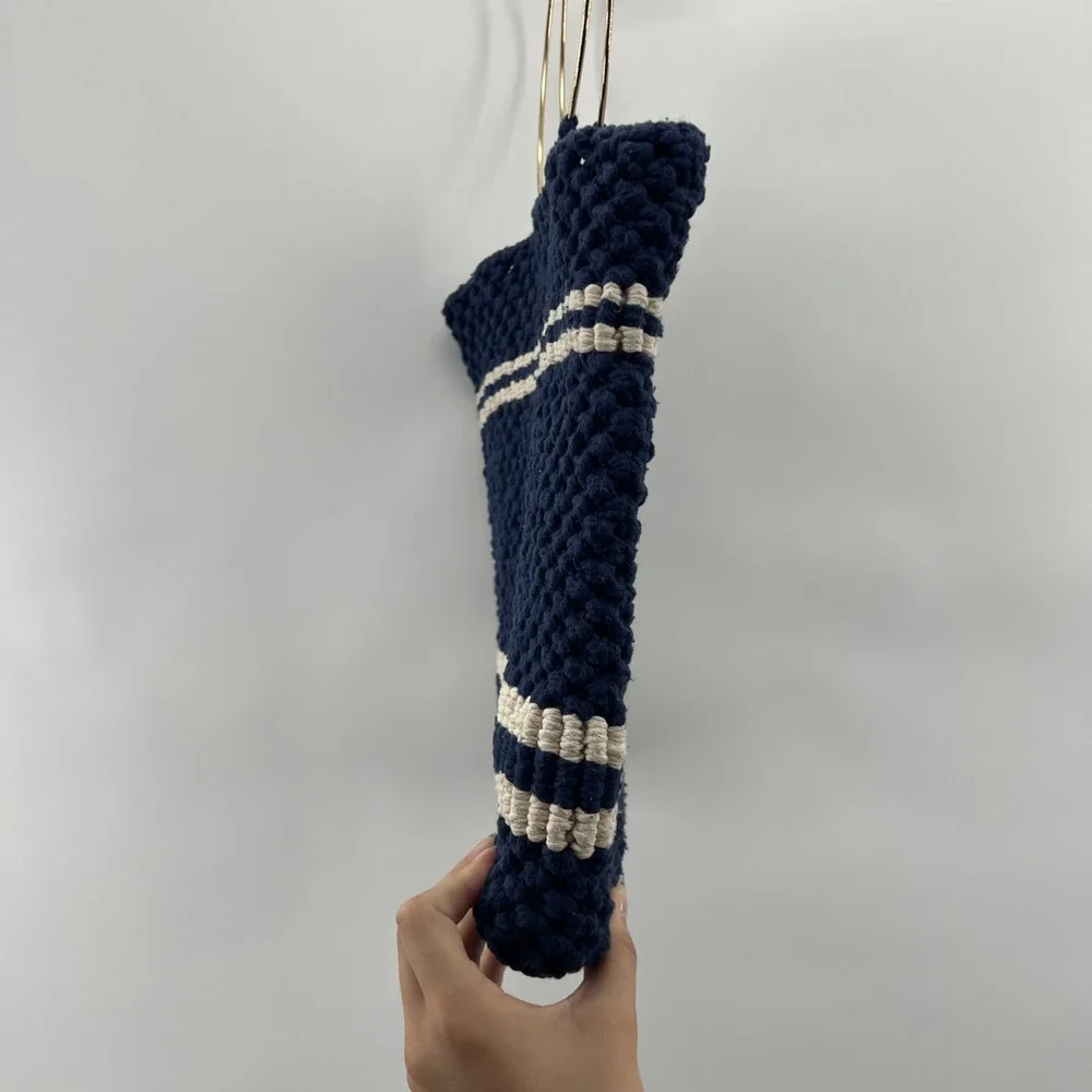 Vintage Handmade 70s Macrame Purse Bag Round Handles Nautical Boho Navy Gold